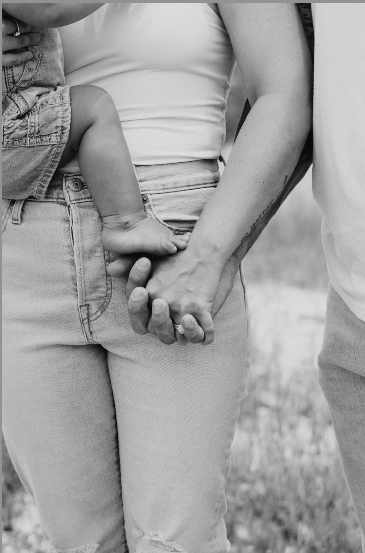 Black and white close-up of a family holding hands